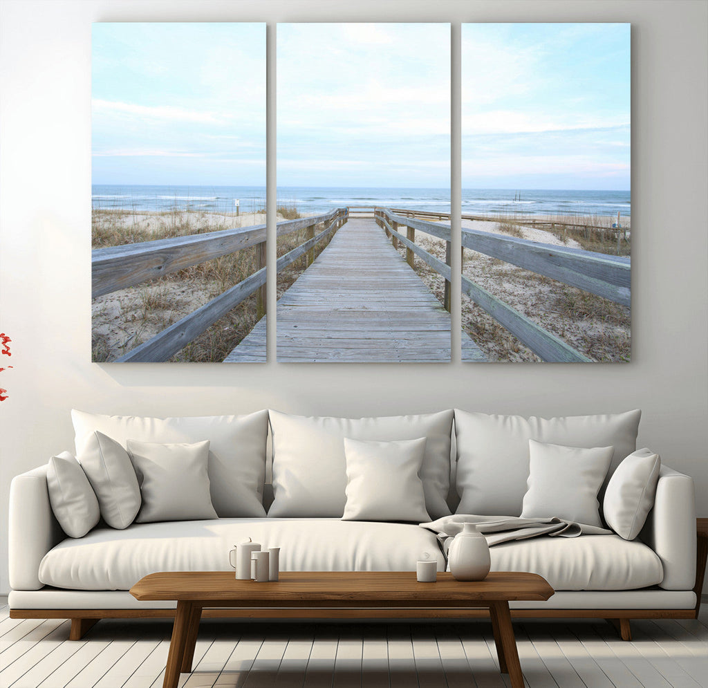 Beach Boardwalk Wall Art Canvas Print, Framed Coastal Serenity Ocean View