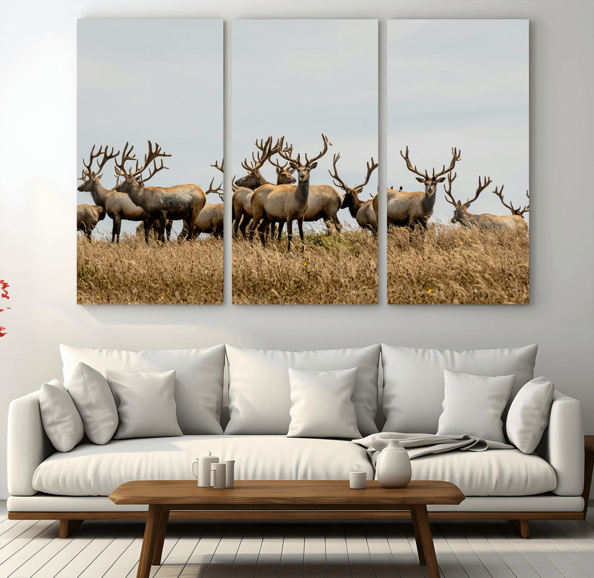 Elk Herd Wall Art Canvas Print, Framed Wildlife Photography Art, Majestic Antlers Rustic Wildlife Decor