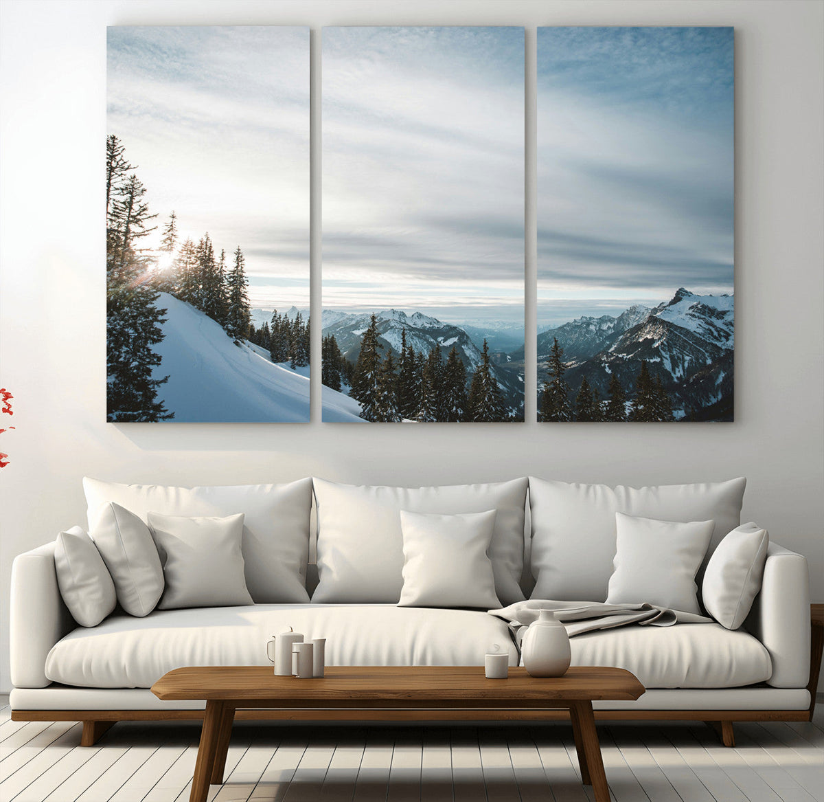 Snowy Mountains Wall Art Canvas Print, Framed Alpine Landscape Frosty Peaks Artwork