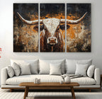 Abstract Longhorn Bull Wall Art Canvas Print, Vintage Western Texas Steer Artwork