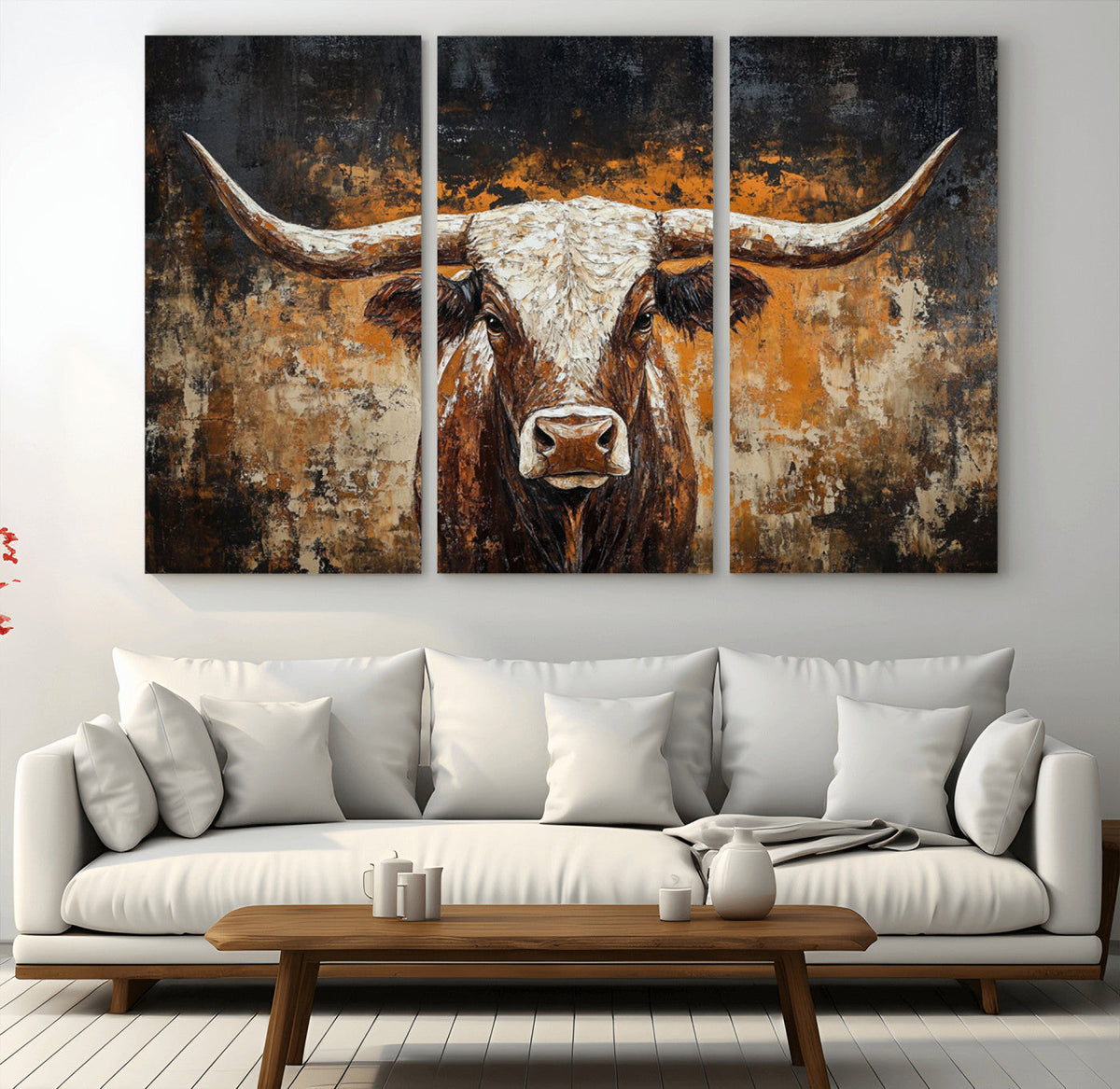 Abstract Longhorn Bull Wall Art Canvas Print, Vintage Western Texas Steer Artwork