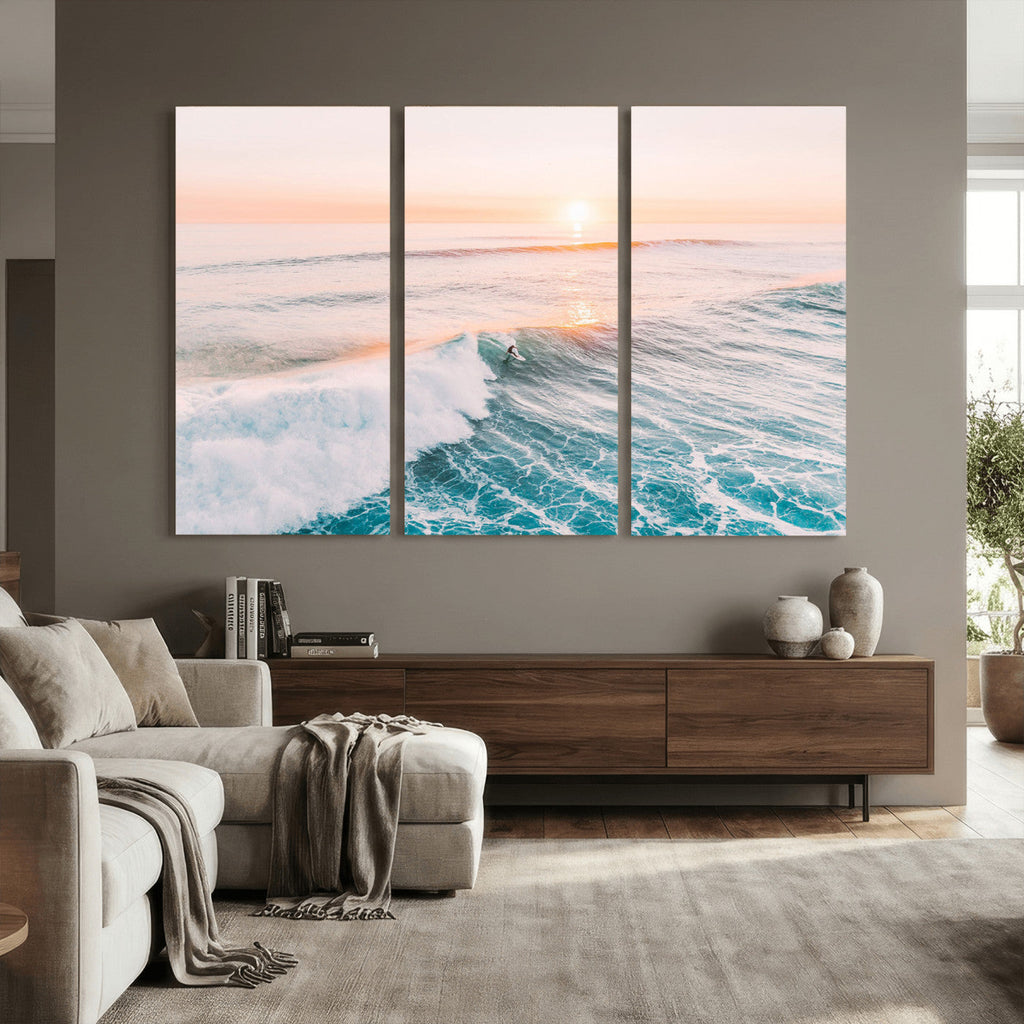 Sunset Surfing Wall Art Canvas Print, Ocean Wave Surfer with Golden Sky