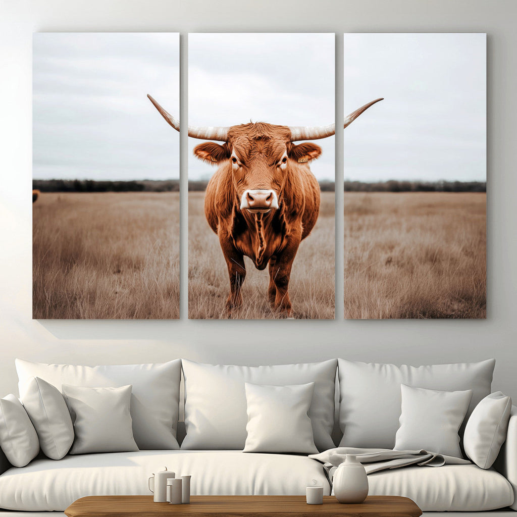 Longhorn Bull Wall Art Canvas Print, Framed Rustic Decor