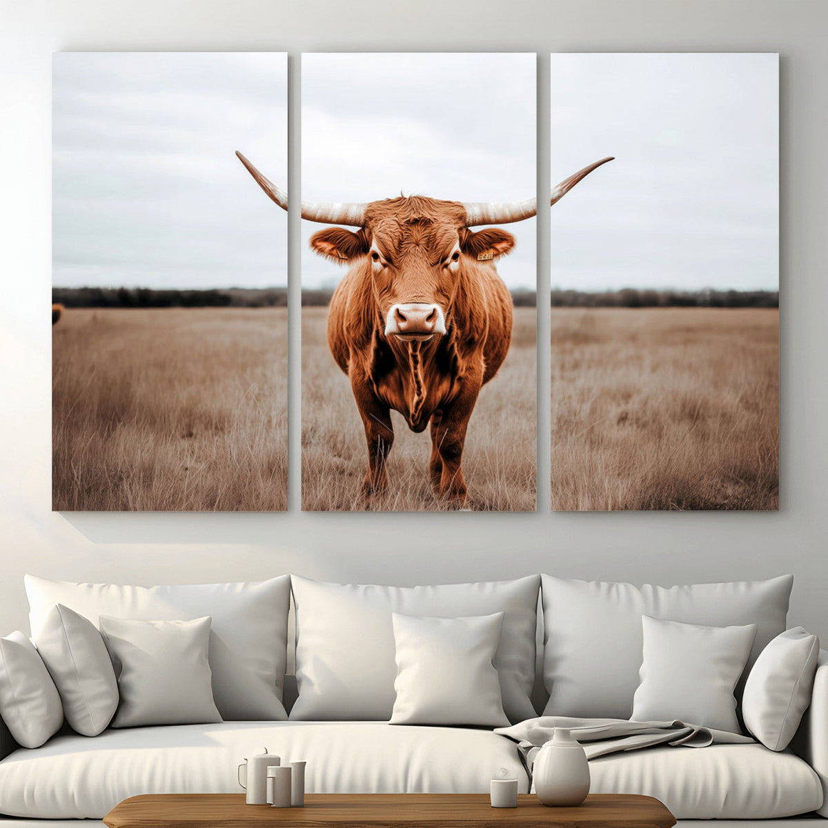 Longhorn Bull Wall Art Canvas Print, Framed Rustic Decor