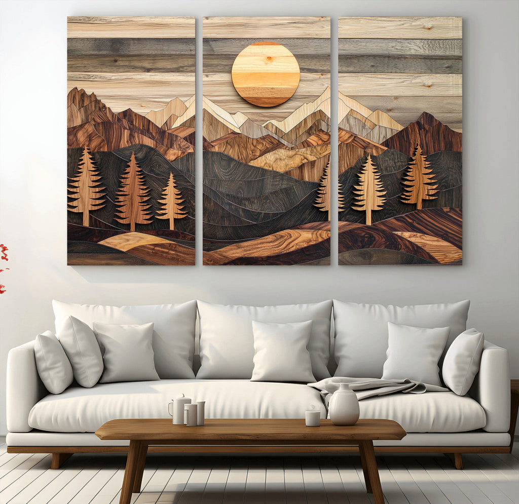 Wooden Mountain Layers Art | Rustic Pine Tree Landscape
