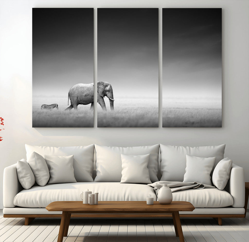 Elephant and Zebra Wall Art Canvas Print, Modern Artwork