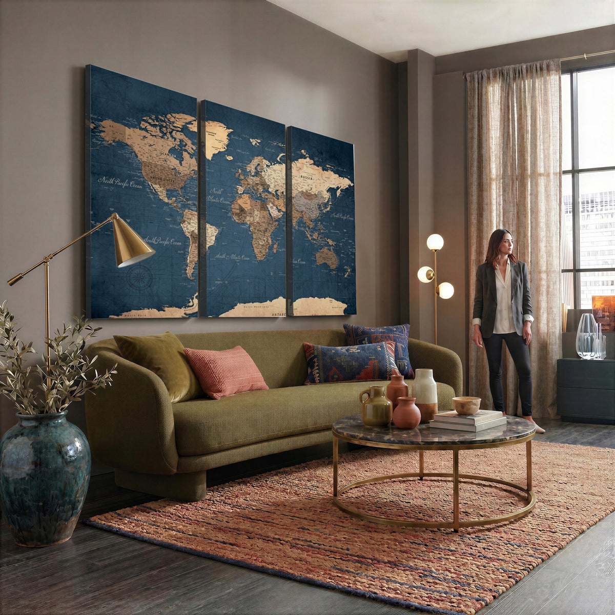 Navy Blue World Map Canvas Print | Framed Travel Map Wall Art