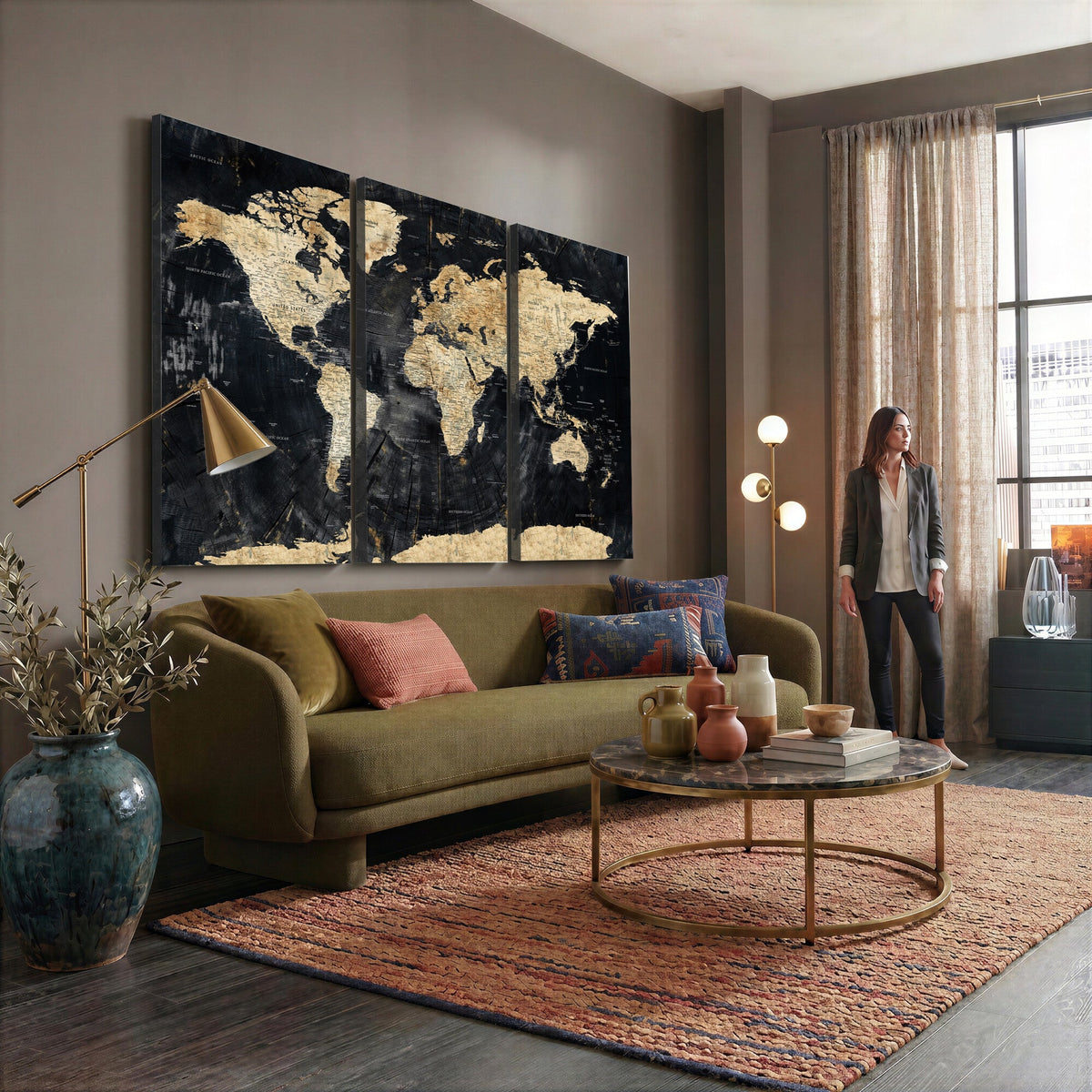Framed Large World Map Wall Art Canvas Print for Living Room