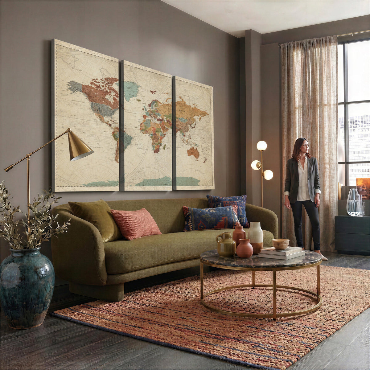 Vintage World Map Canvas Wall Art Print | Framed Modern World Map