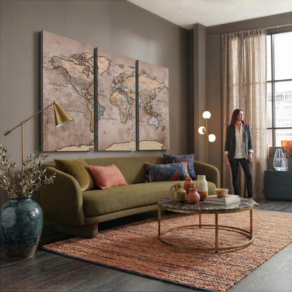 Grunge World Map Canvas Wall Art - Vintage Aged World Map with Golden Tones