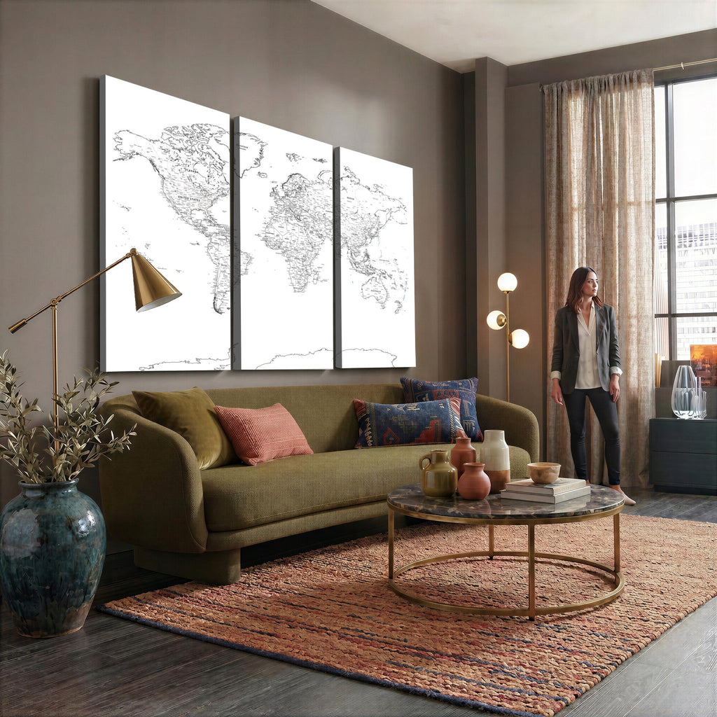 World Map Canvas Print, Framed Modern Detailed Map of the World for Home or Office