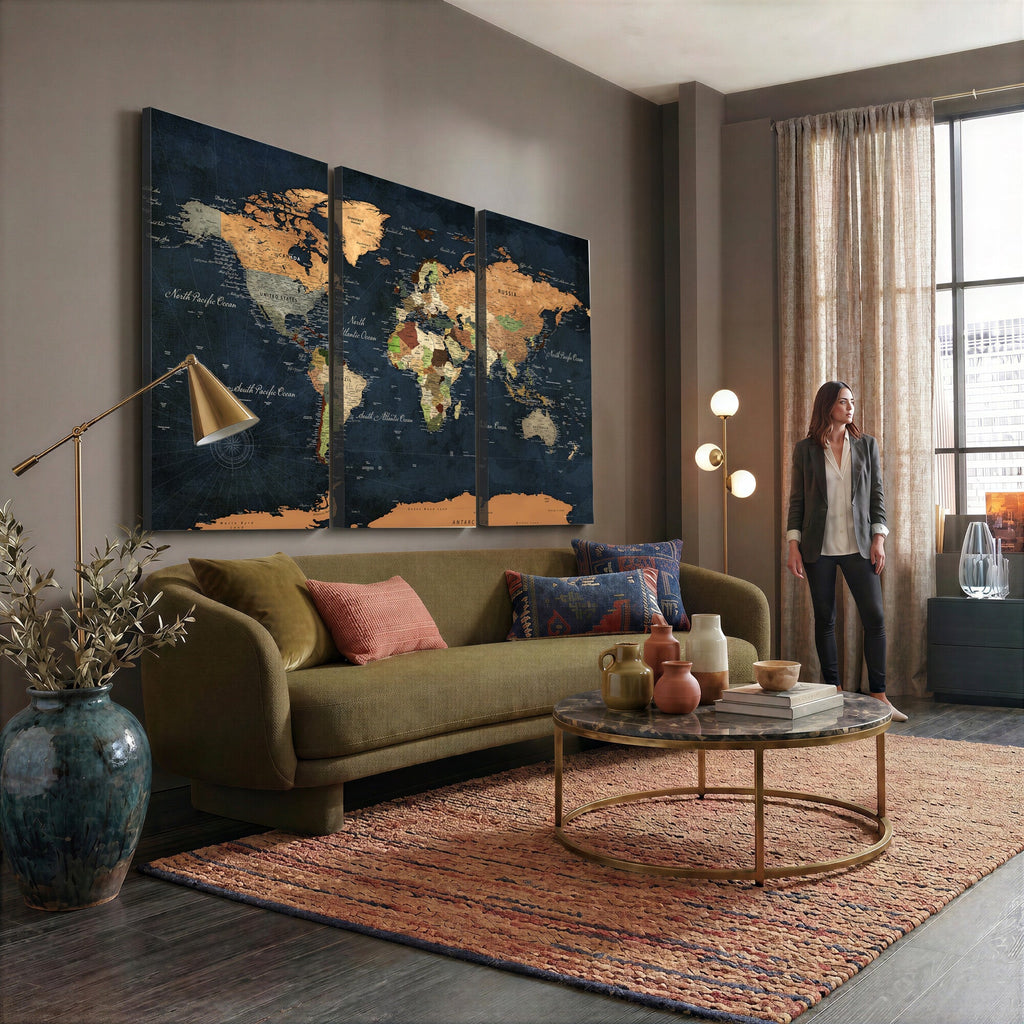 Vintage World Map Canvas Wall Art | Detailed Map with Countries, Oceans and Continents