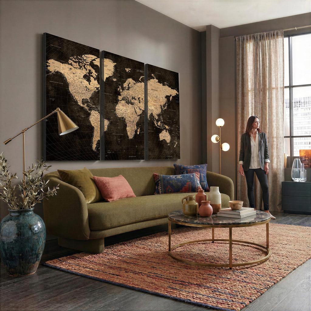 Brown World Map Canvas Print | Modern Travel Map Wall Art