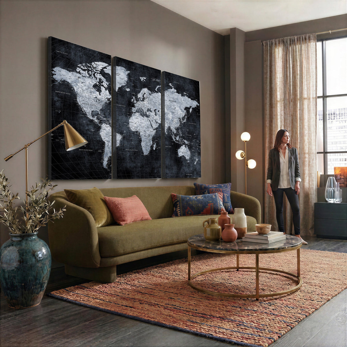 Black World Map Canvas Print | Detailed Map for Couples and Anniversary Gift