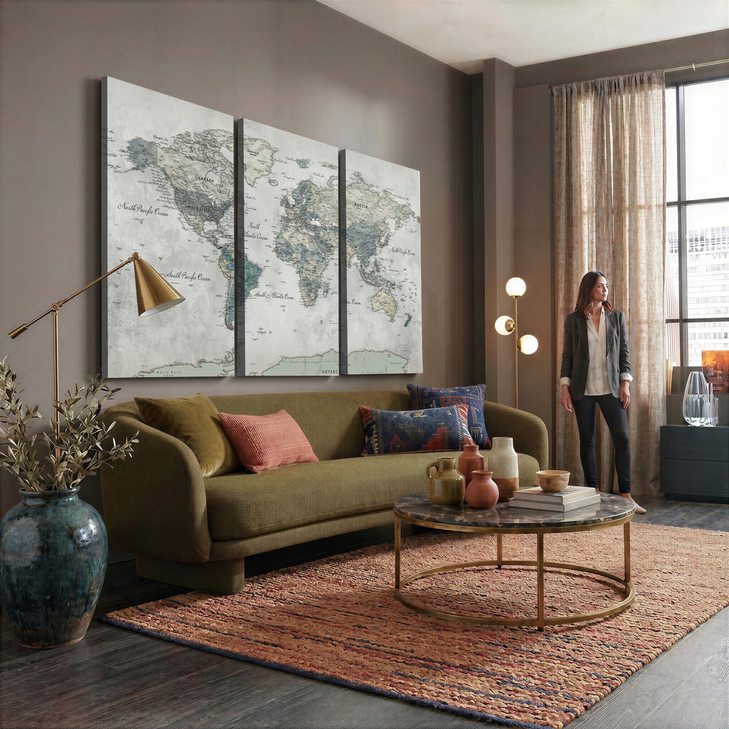 Neutral Vintage World Map Canvas Wall Art Print, Classic Map Artwork
