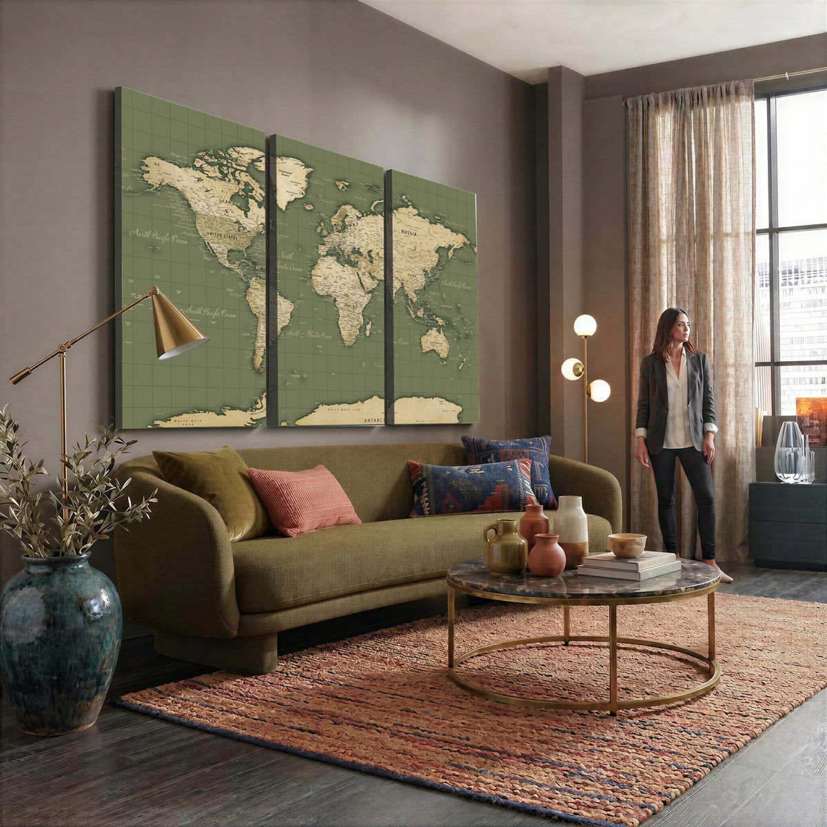Vintage World Map Canvas Wall Art Print, Classic Global Map Artwork