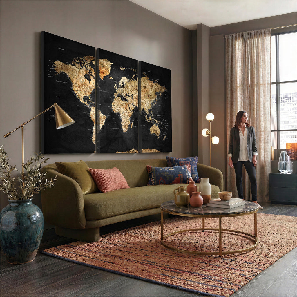 World Map Canvas Wall Art with Famous Landmarks | Framed Travel Map
