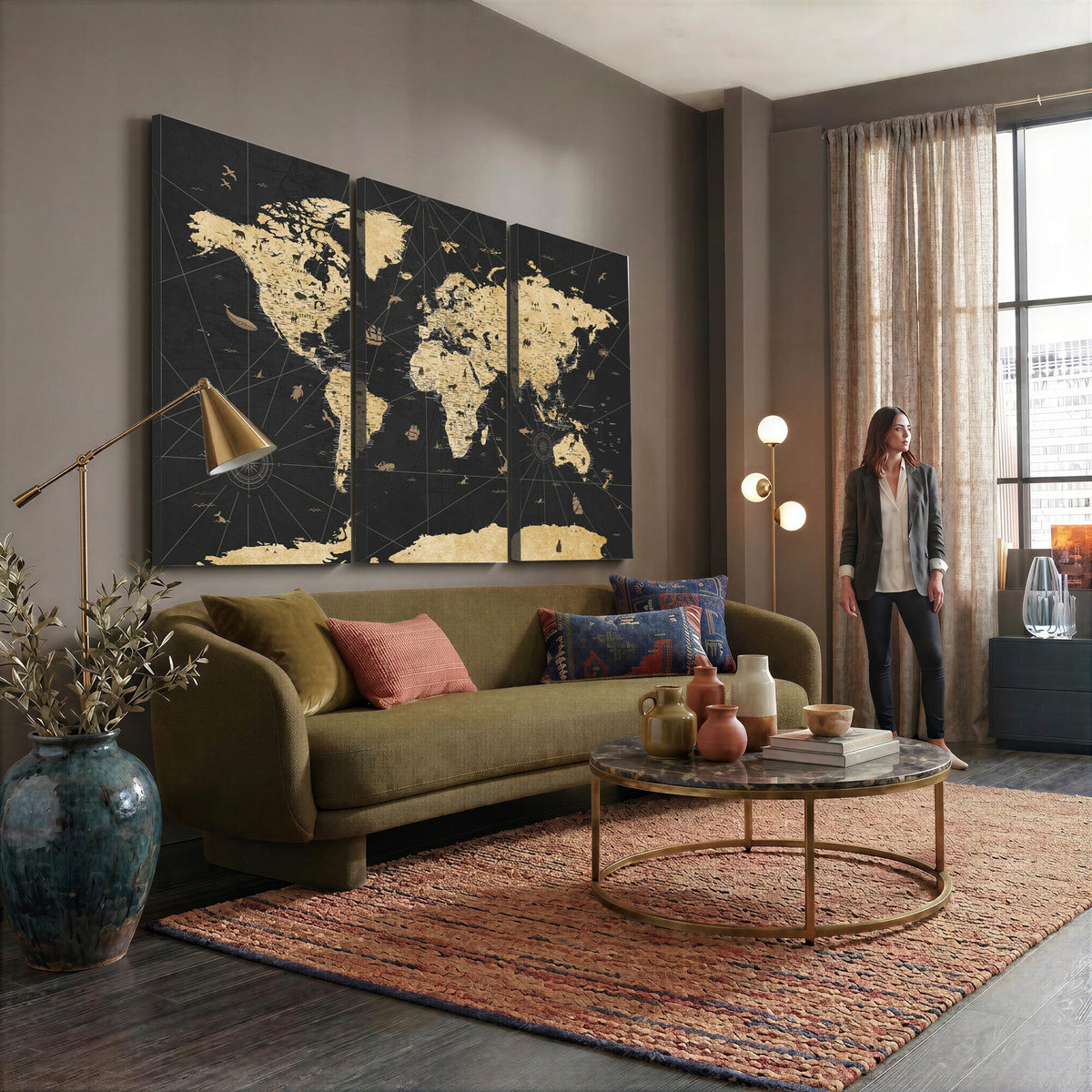 Vintage Blue and Brown World Map Canvas Wall Art | Framed Rustic Map Print