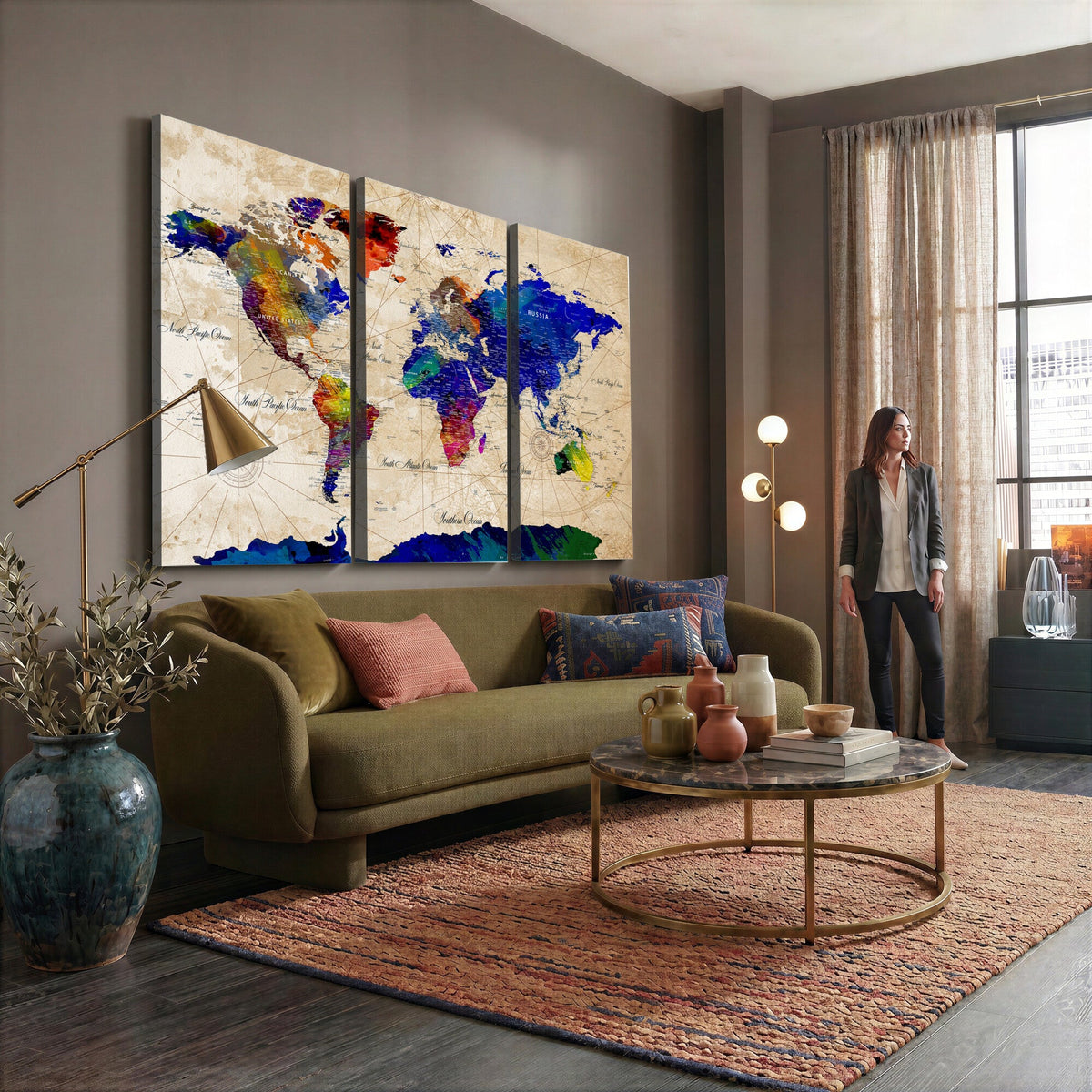 Watercolor World Map Canvas Print | Framed Wall Art for Couples
