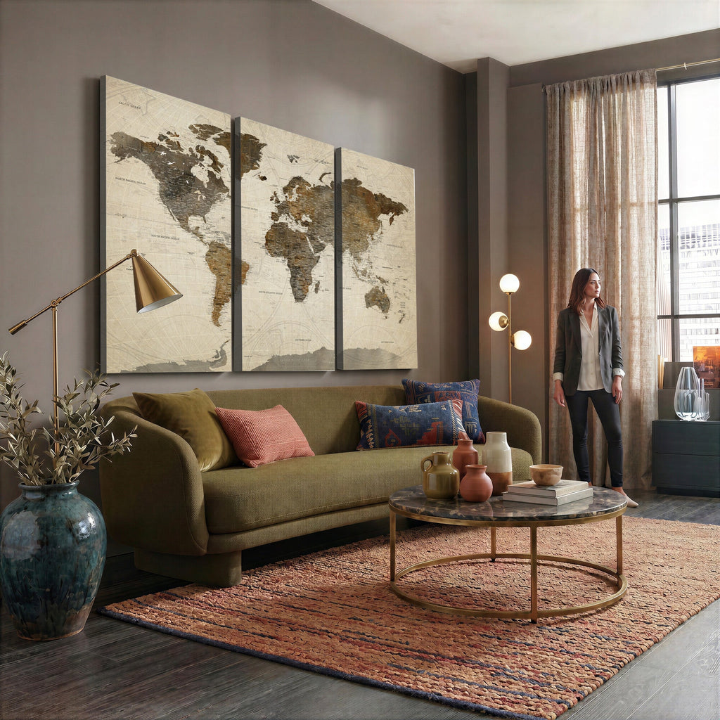 Vintage World Map Canvas Wall Art | Framed Antique Style Travel Map