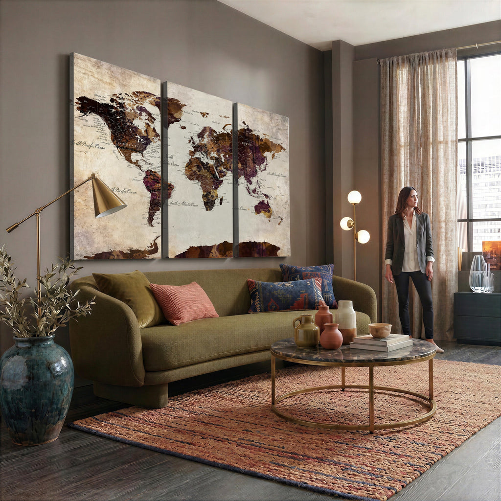 World Map Canvas Triptych | Colorful Global Wall Art for Living Rooms