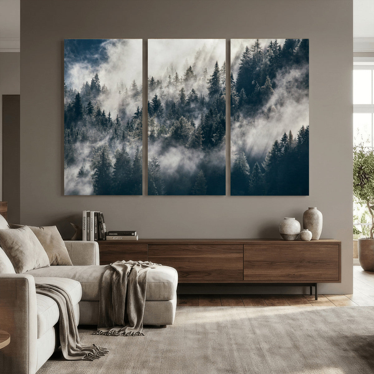 Foggy Mountain Forest Canvas Print, Misty Pine Trees Nature Wall Art