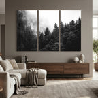 Black White Forest Wall Art Canvas Print, Misty Pine Tree Landscape