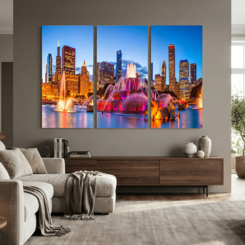 Chicago Wall Art Canvas Print, Chicago City Downtown Night Cityscape