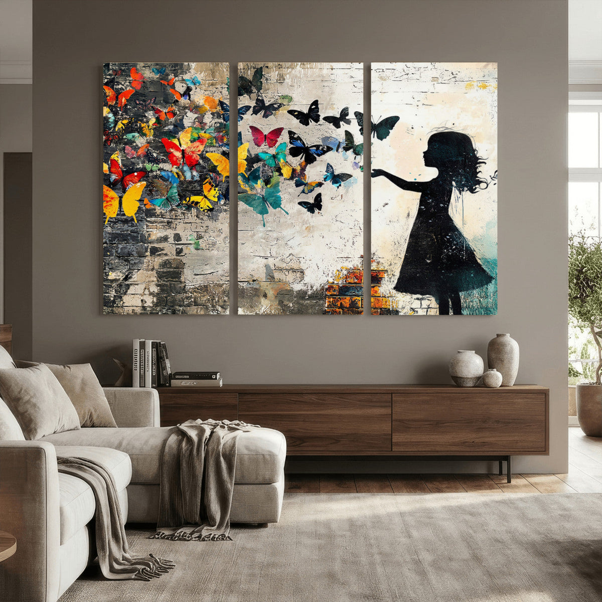 Banksy Butterfly Girl Wall Art Canvas Print, Framed Street Art