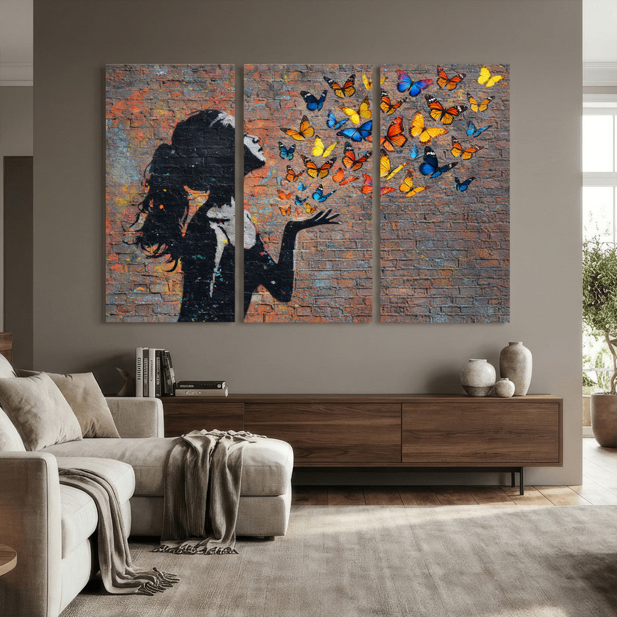 Urban Banksy Butterfly Girl Wall Art Canvas Print, Framed