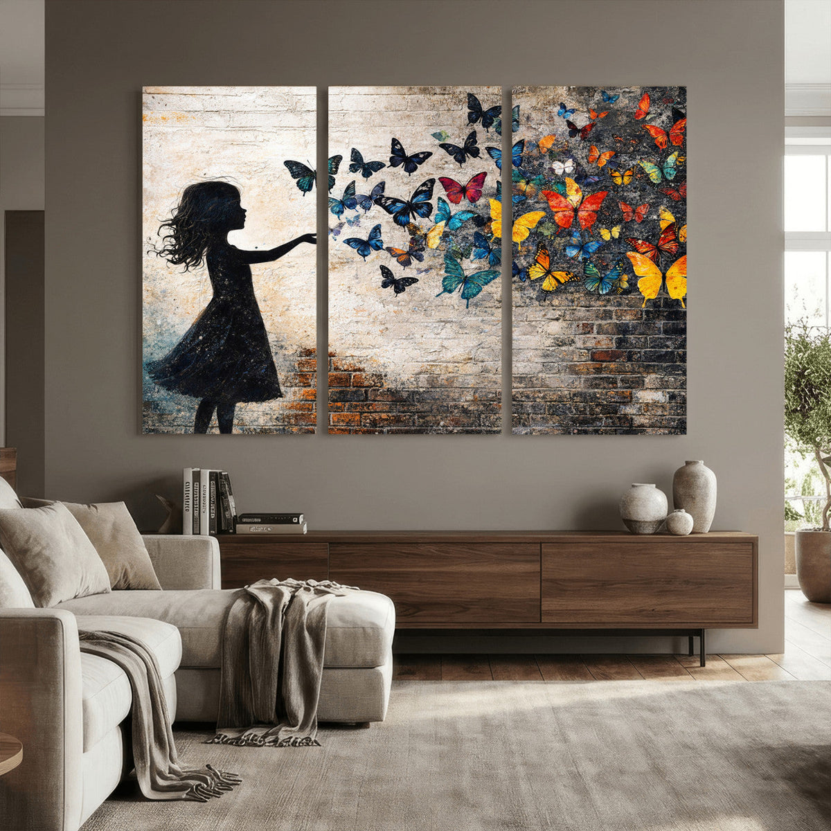 Banksy Butterfly Girl Wall Art Canvas Print, Framed Street Art