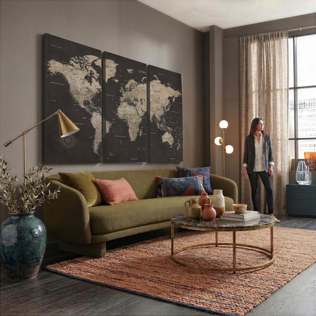 World Map Canvas Wall Art, Dark Charcoal and Antique Tan Detailed Map