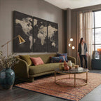 World Map Canvas Wall Art, Dark Charcoal and Antique Tan Detailed Map
