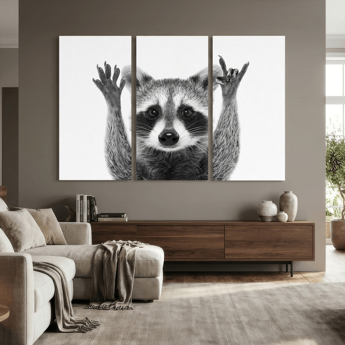 Funny Raccoon Canvas Wall Art, Black White Hands Up Animal Photo Print