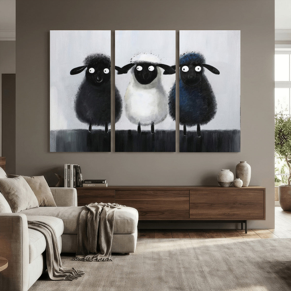Funny Sheep Canvas Wall Art, Three Quirky Sheep Painting Print, Cute Nursery Decor