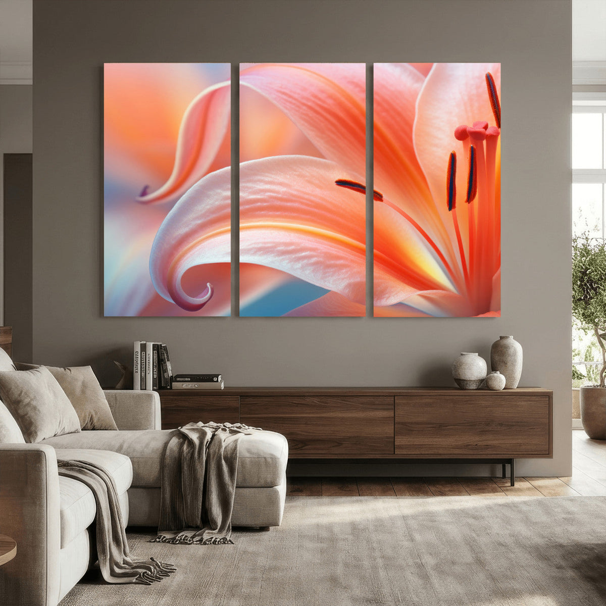 Peach Lily Canvas Wall Art, Coral Pink Flower Macro Photo Print, Botanical Decor