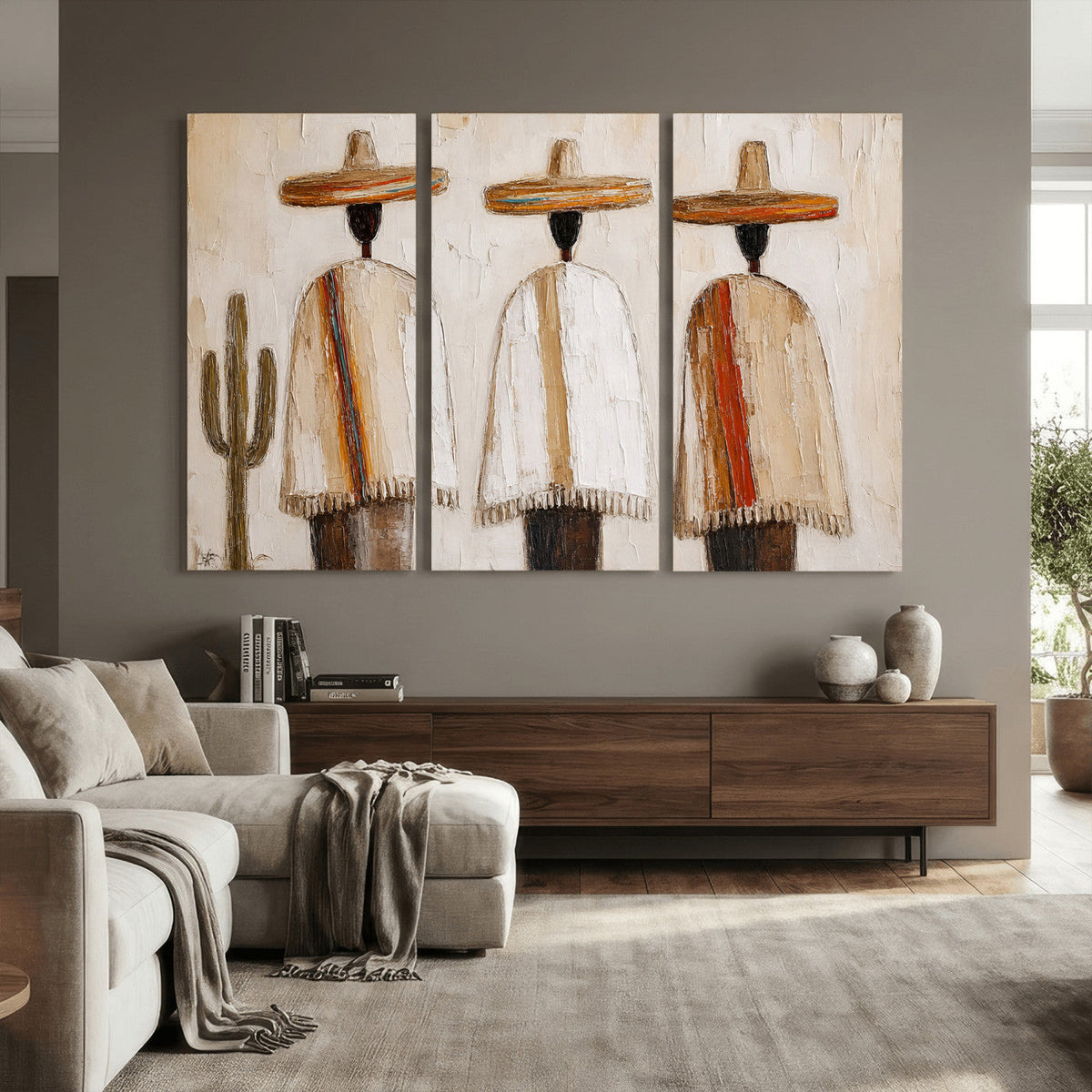 Mexican Wall Art Canvas Print, Southwestern Sombrero Poncho Painting Print, Boho Decor