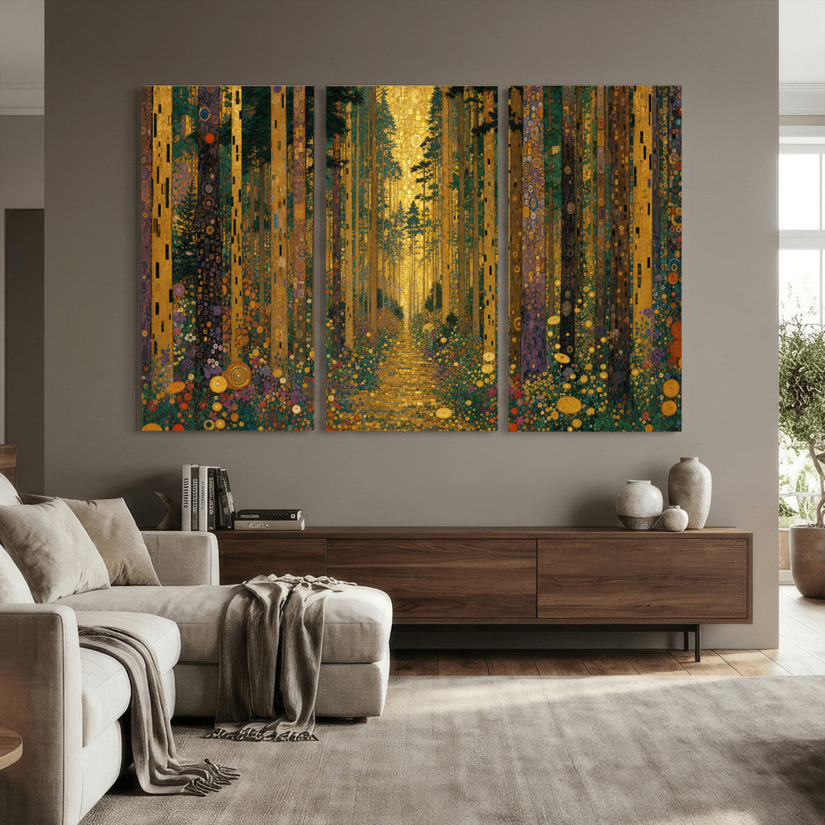 Gustav Klimt Style Forest Canvas Wall Art, Golden Forest Path Floral Art Nouveau Print