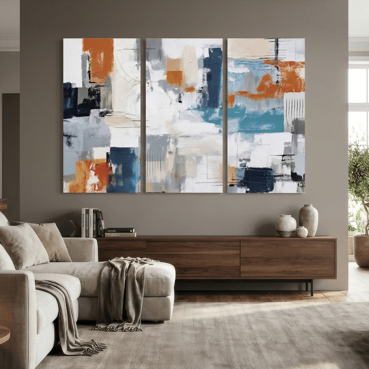 Blue Teal Abstract Canvas Wall Art, Modern Brushstroke Style Print, Navy Orange Contemporary Decor