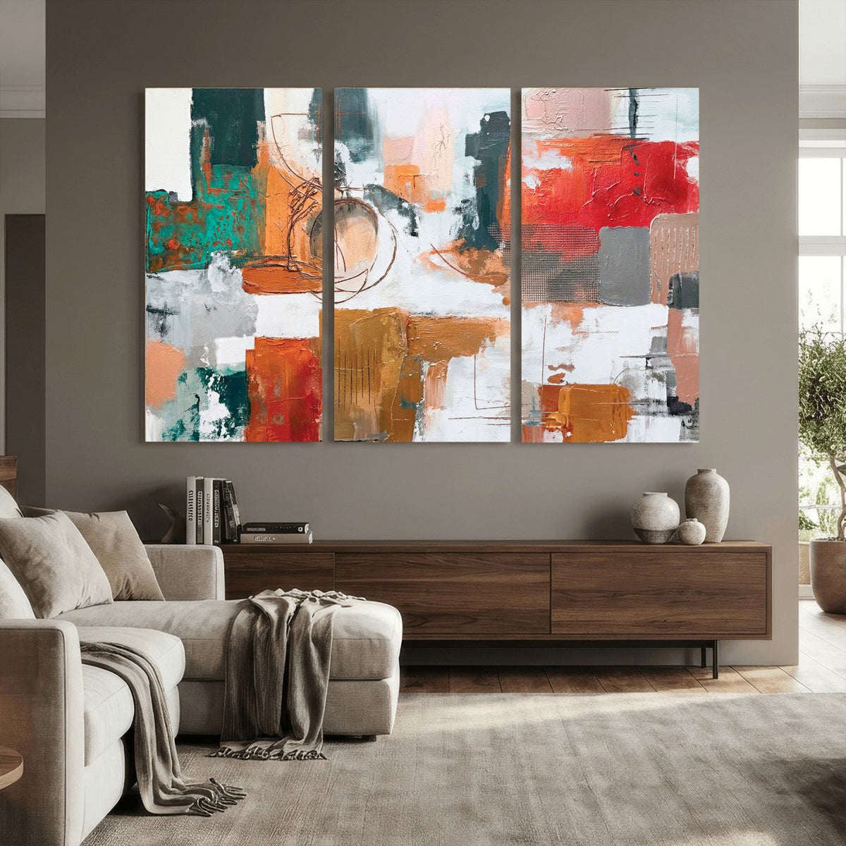 Blue Teal Abstract Canvas Wall Art, Modern Brushstroke Style Print, Navy Orange Contemporary Decor