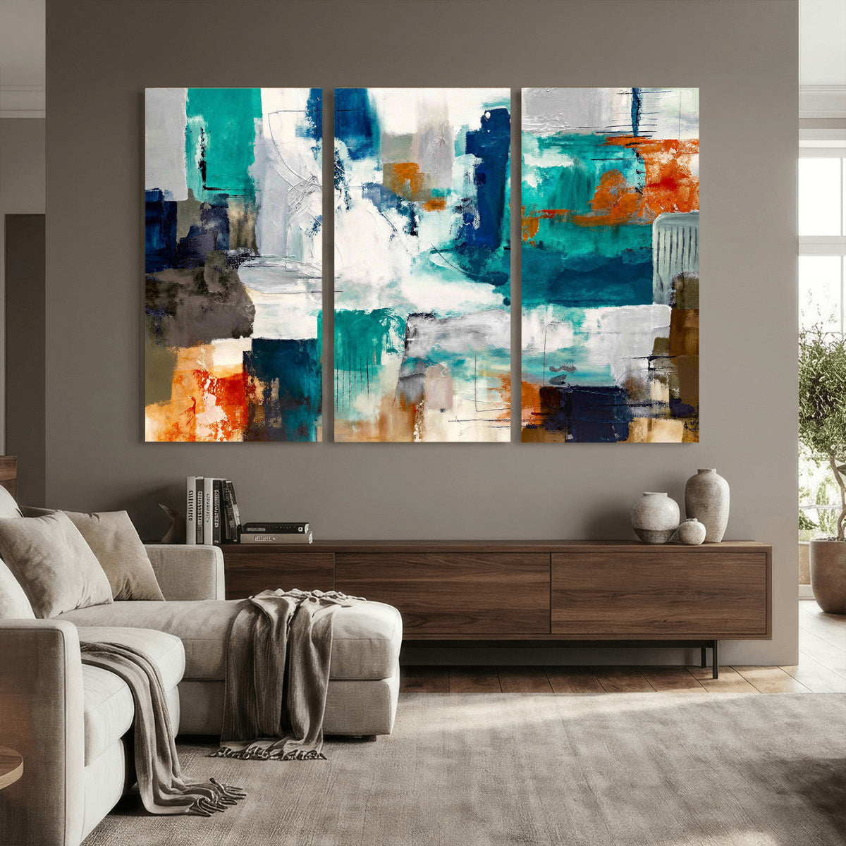 Blue Teal Abstract Canvas Wall Art, Modern Brushstroke Style Print, Navy Orange Contemporary Decor