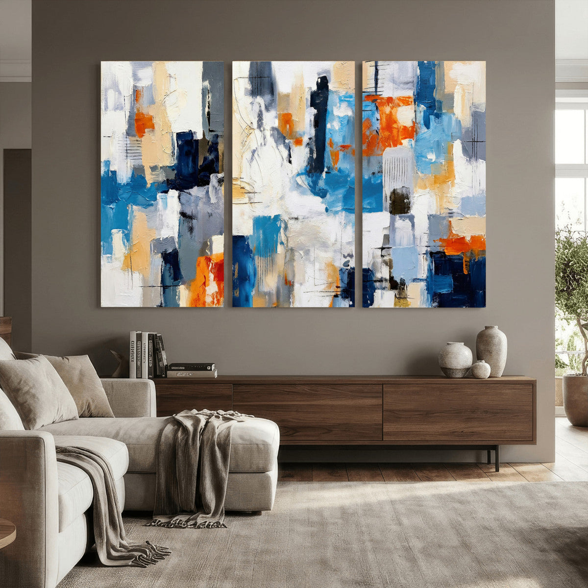 Blue Teal Abstract Canvas Wall Art, Modern Brushstroke Style Painting Print, Navy Orange Contemporary Decor