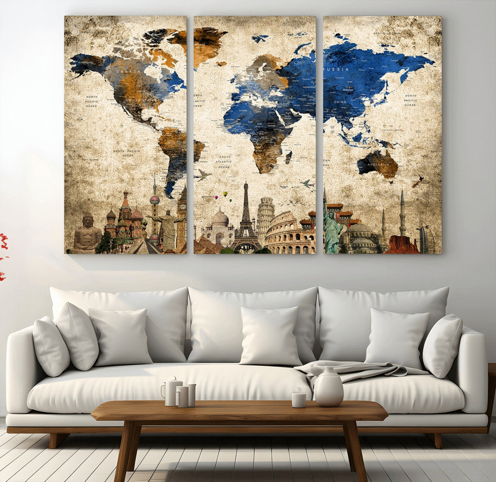 World Map Canvas Print | Vintage Blue and Gold World Map Wall Art