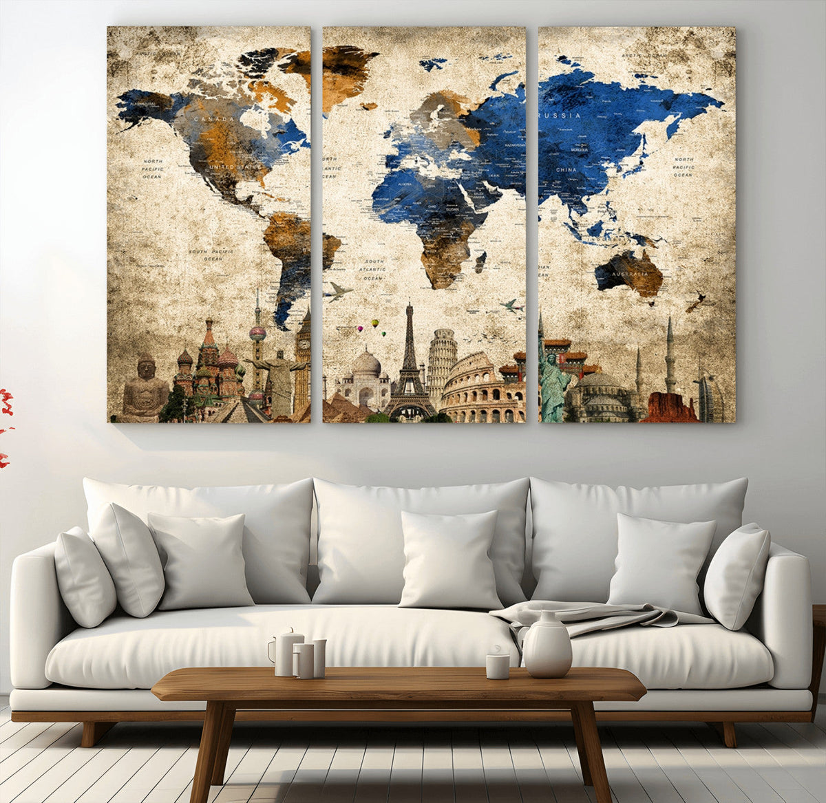 World Map Canvas Print | Vintage Blue and Gold World Map Wall Art