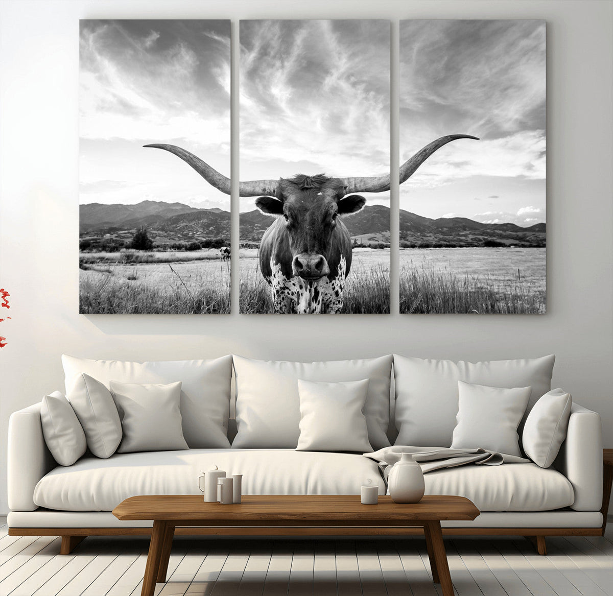 Longhorn Black and White Wall Art | Rustic Western Bull Canvas Print
