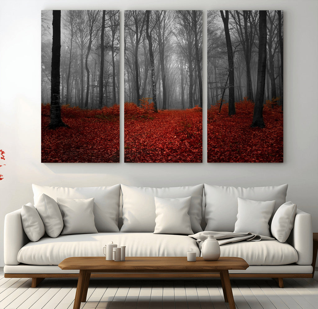 Red Forest Floor Canvas Wall Art | Mystical Foggy Woodland Triptych