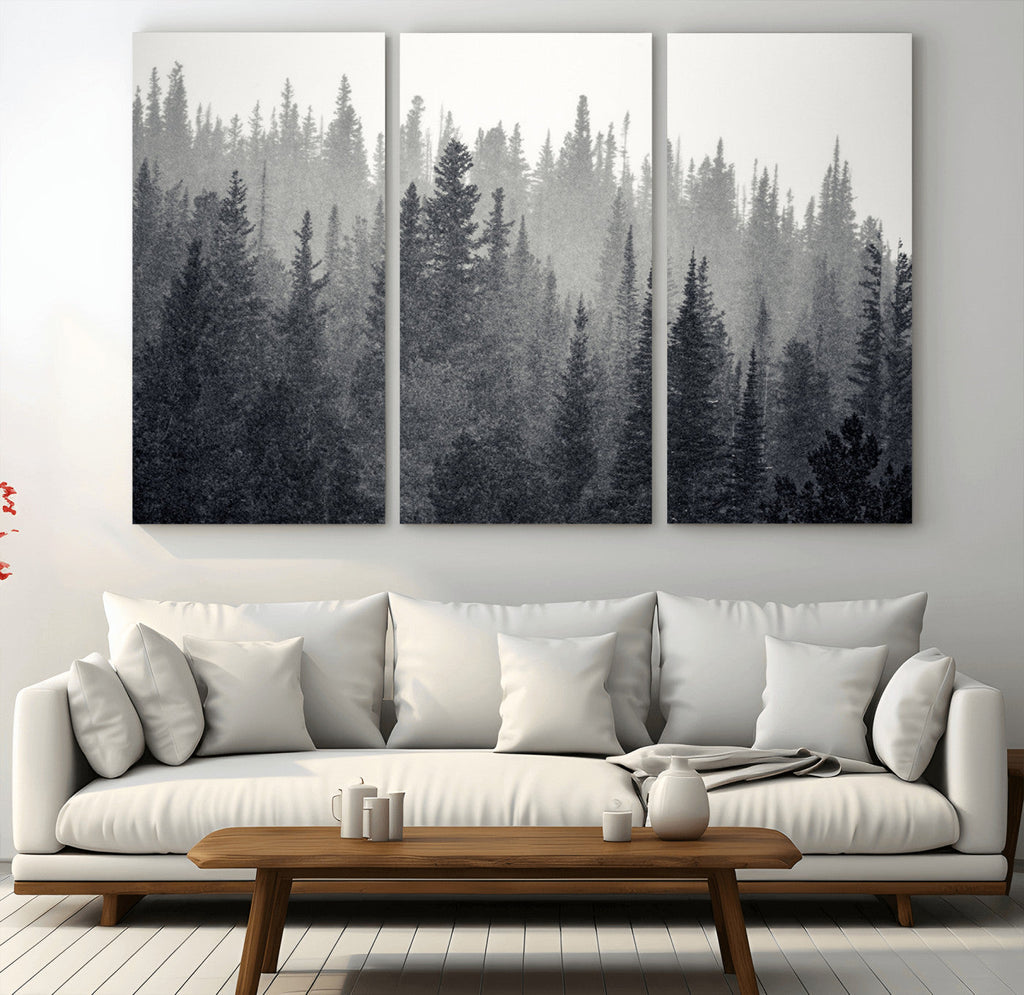 Misty Forest Canvas Wall Art | Monochrome Triptych Pine Tree Print