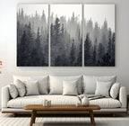 Misty Forest Canvas Wall Art | Monochrome Triptych Pine Tree Print