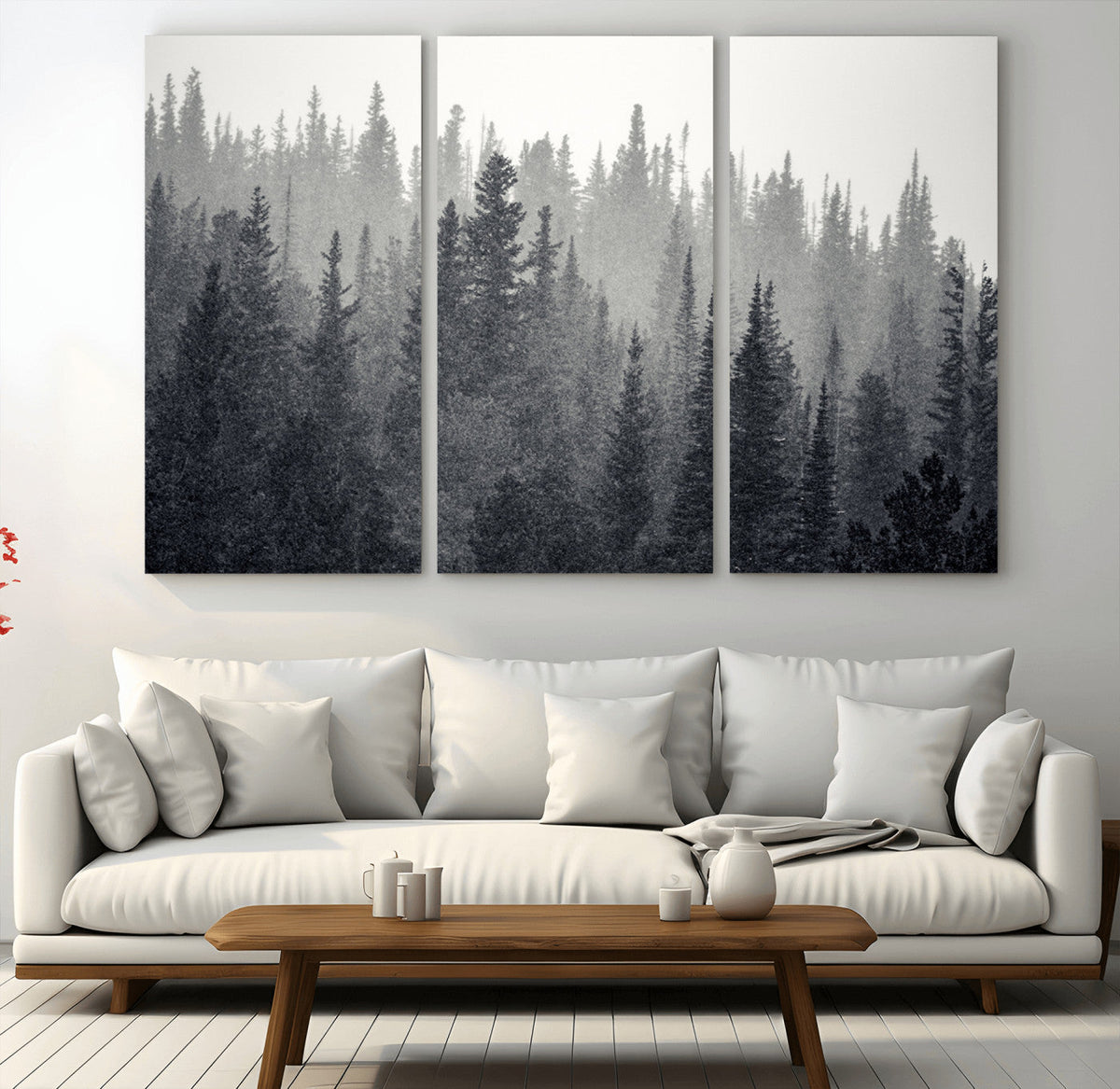 Misty Forest Canvas Wall Art | Monochrome Triptych Pine Tree Print