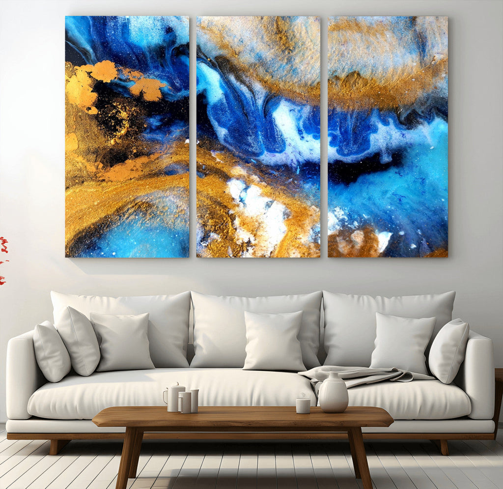 Blue Orange Marble Fluid Effect Canvas Wall Art Print